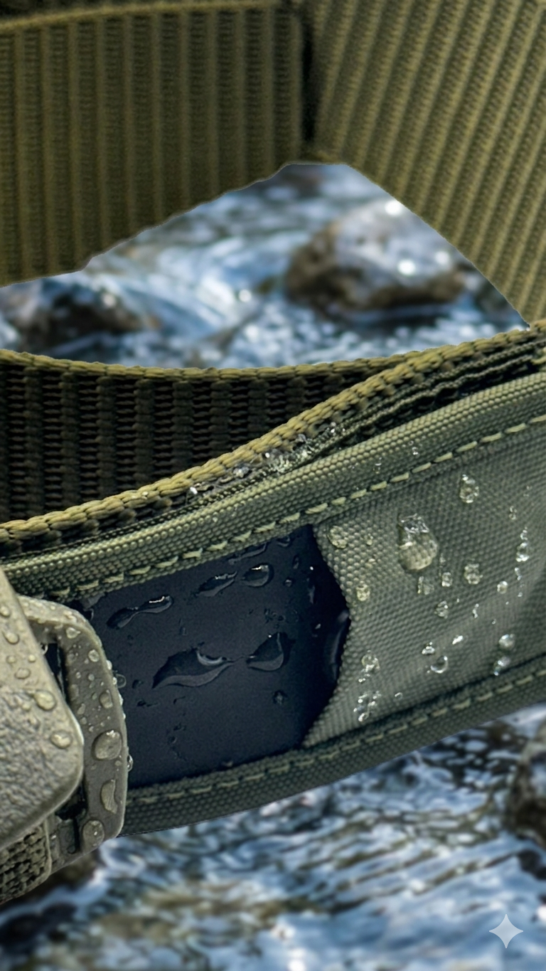 Green Artamis belt with a black device, water droplets on surface